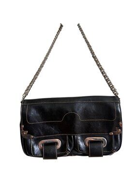 Chinese Laundry Black Faux Leather Shoulder Bag Chain Strap Dual Front Pockets